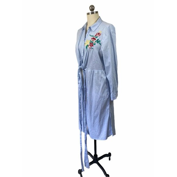 Zara Womens Shirt Maxi Duster Medium Blue Embroidered Floral Collared Tie Front - Picture 5 of 12